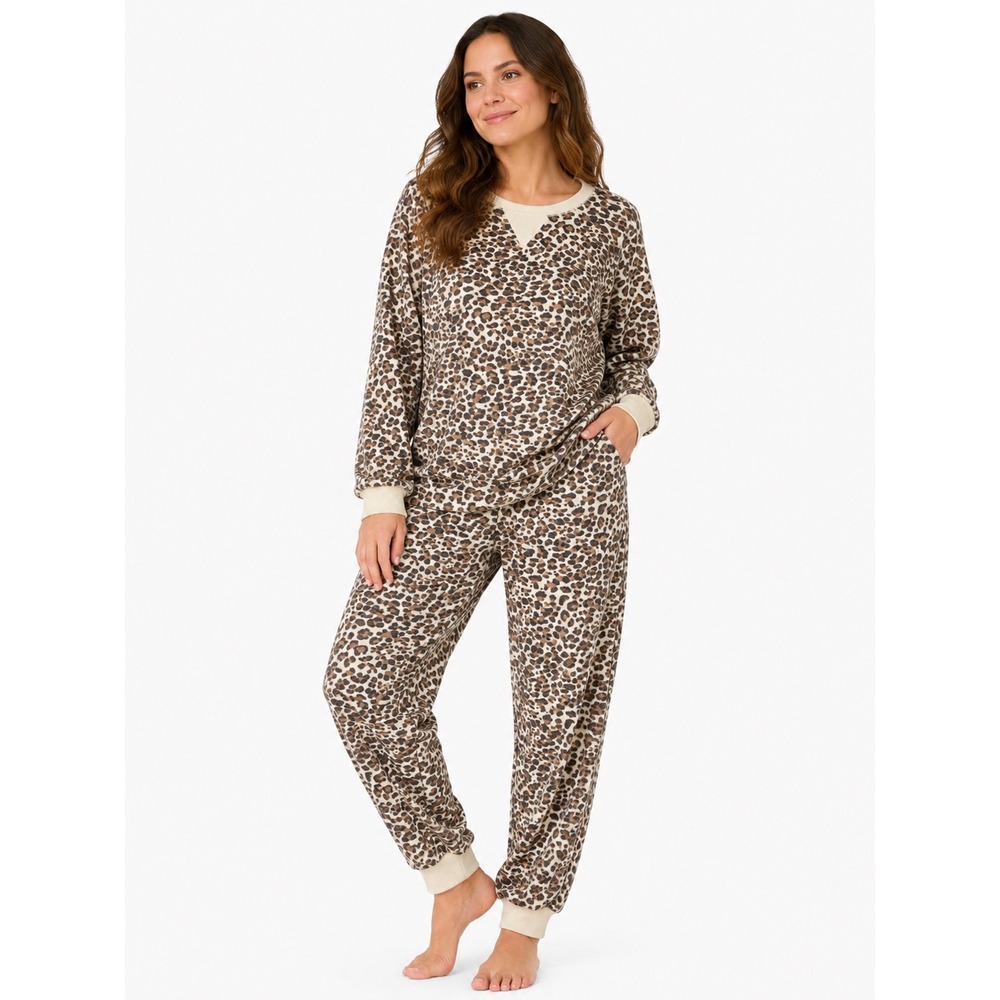 Honeydew Pajama Set Women XL Tan Leopard Print Fleece Cozy Loungewear Sleepwear